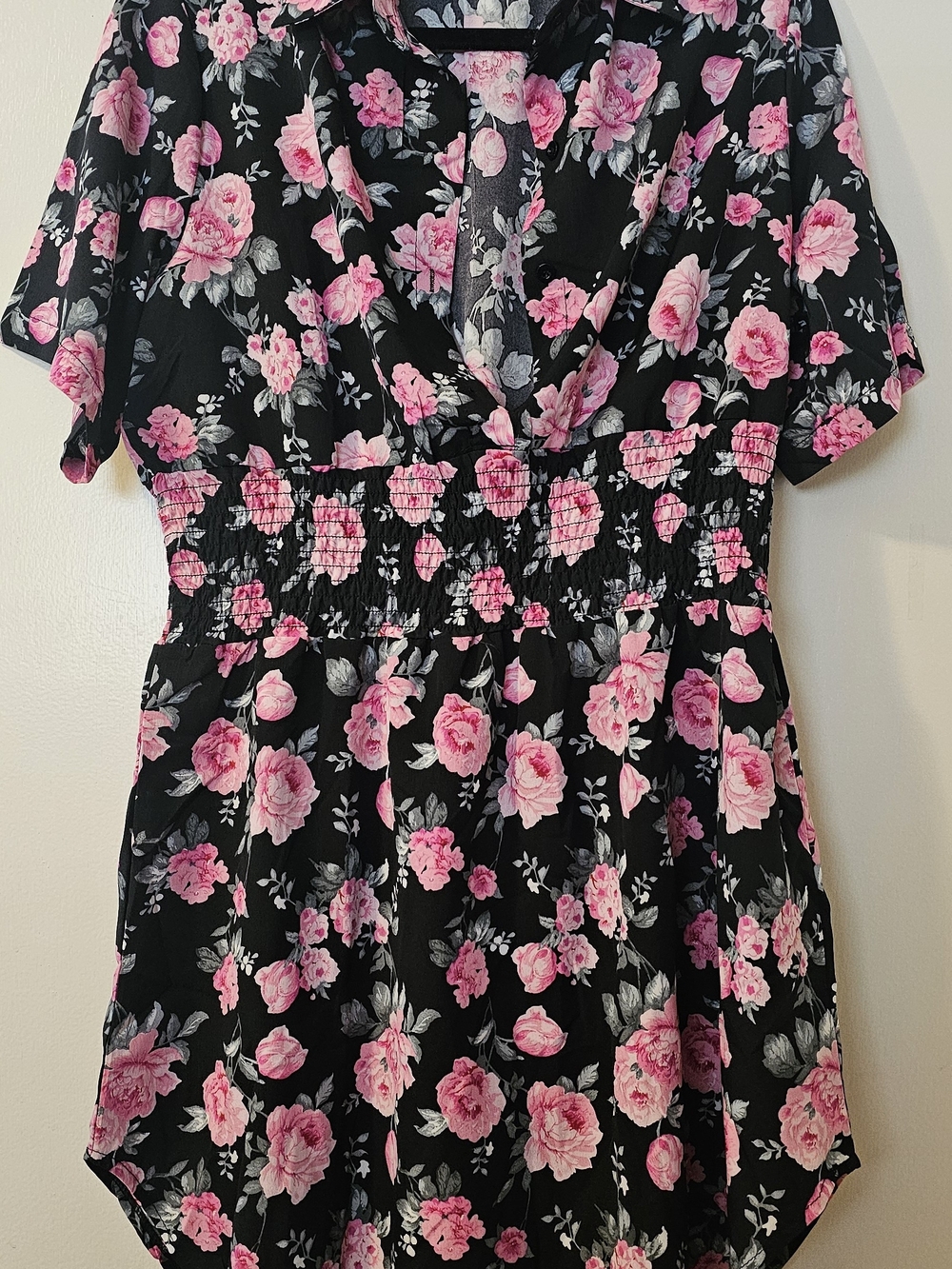 Black & Pink Floral V-Neck Smocked Waist Blouse